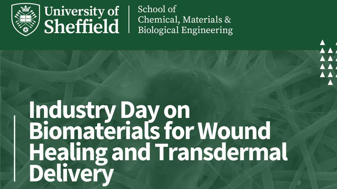 Event graphic for Industry Day on Biomaterials for Wound Healing and Transdermal Delivery. University of 91ֱ School of Chemical, Materials & Biological Engineering logo in white on a green background.