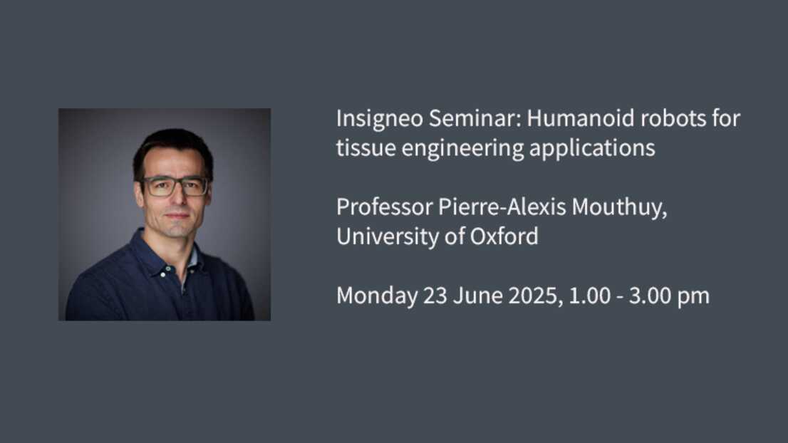 Insigneo Seminar graphic: Insigneo Seminar: Humanoid robots for tissue engineering applications Professor Pierre-Alexis Mouthuy, University of Oxford Monday 23 June 2025, 1.00 - 3.00 pm