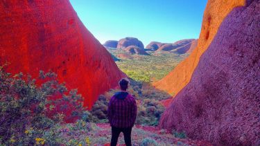 Student facing away from the camera towards a valley. They're stood between two rock rock faces