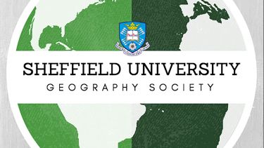 The geography society logo: a green globe with 'Sheffield University Geography Society' written on a white band running across the centre of the logo.