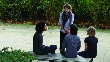 A group of Philosophy students are chatting outside the Jessop building.