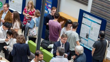 People chatting, networking, and presenting posters at a conference