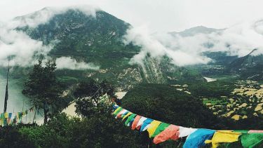 Mountains in Nepal with flags