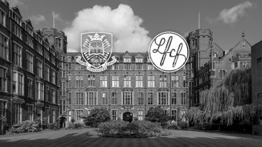The University crest and Law Family Charitable Foundation logos over a black and white photo of the Firth Court Quad
