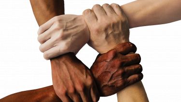 Four people holding hands in solidarity.