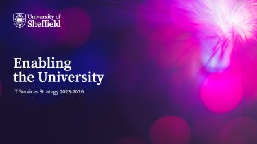 Enabling the : IT Services Strategy 2023-2026, white text on a purple background