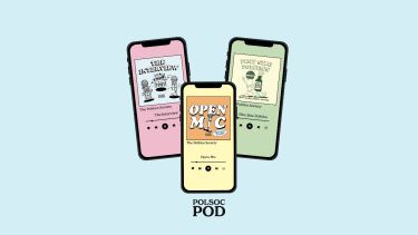 Illustrations of 3 mobile phones with spotify player graphics showing episodes of 'The Interview', 'Open Mic', and 'Pocket Politics' 