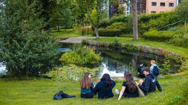 Two groups of students sat on the grass near the pond