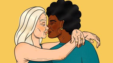 A cartoon illustration of two older women kissing.