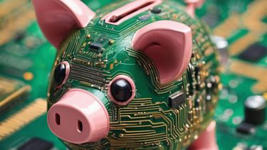 A piggybank made from a printed circuit board. 