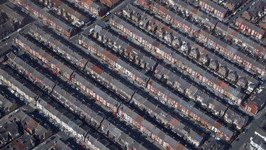 Aerial view of rows of high density terraced housing