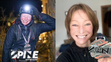 Jennie Stevens at the finish line and Jennie with her Spine 2024 medal