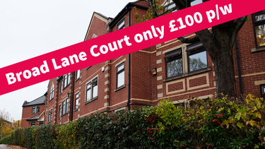 Exterior photo of a building with a banner reading "Broad Lane Court only £100 per week" 