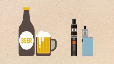 Illustration of a bottle of beer with a glass and two e-cigarettes
