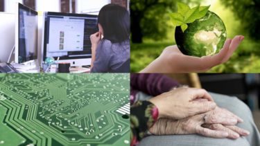 A woman at a computer, a green planet earth in a hand, a circuit board and a person supporting an elderly person.