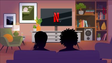 A graphical image from behind a couple sat on a sofa watching a television which is displaying a film streaming service.