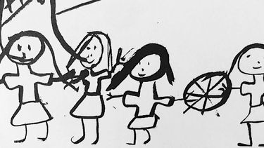 A childrens' drawing of four people standing in a line