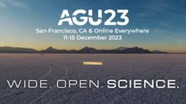 White tezt with AGU event details on a background of a flat landscape with mountains and a sunrise