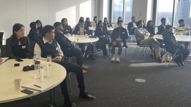 MBA students in a meeting room in a London skyscraper.