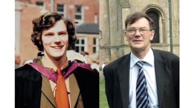 In the left, a young John Light wearing graduation robes and smiling to the camera. To the right, older John Light looking fondly to the camera. 