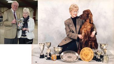 Michelle sorrounding by her dog and their awards. 