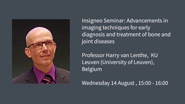 Insigneo Seminar Seminar title graphic: Advancements in imaging techniques for early diagnosis and treatment of bone and joint diseases  Professor Harry van Lenthe,  KU Leuven (University of Leuven), Belgium  Wednesday 14 August , 15:00 - 16:00