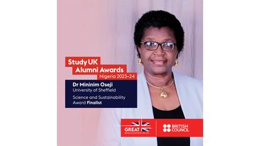 «Ӱҵ alumna, Dr Mininim Oseji, smiling to the camera with the British Council Alumni Awards layout