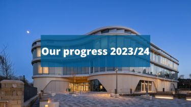 An exterior view of the Wave with the overlaying text 'our progress 2023/24'