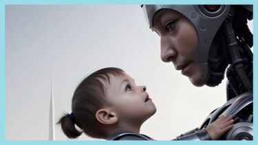 AI generated image of two robot/human hybrids - a small child looking up at an adult