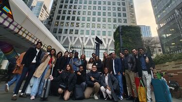 MBA students outside UCL in Canary Wharf.