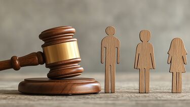 Graphic of a gavel alongside models of a woman, man and child