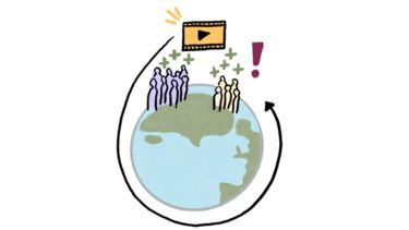 Illustration of groups of people stood on top of a globe watching a video