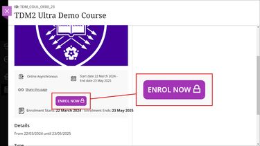 On an external course, the Enrol Now button is highlighted with a padlock visible on it.