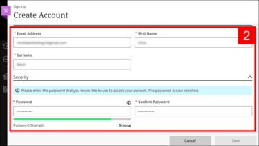 The Create Account page on External courses, with fields for email, name and password