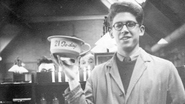 black and white image of Bernard Tinker in the science labs at ΢Ȧ on his 21st birthday