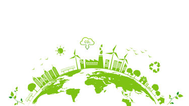 Green illustration of a sustainable city with wind turbines, solar panels, trees, and eco-friendly symbols on a curved Earth.