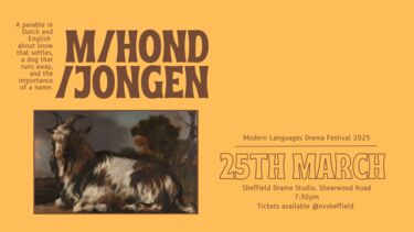 poster in yellow with title M/Jongen/Hond and the date of the performance 25 March