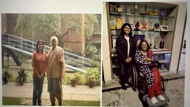 Alt text for image on left: Two women standing on a sidewalk, smiling, with a building and trees in the background.  Alt text for image on right: Two women in front of a shelf with trophies and awards; one standing, one in a wheelchair, both smiling.