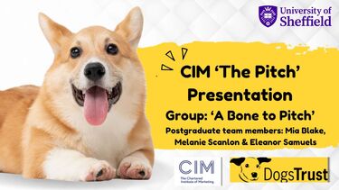 CIM 'The Pitch' Presentation 'A Bone to Pitch' Postgraduate team members: Mia Blake, Melanie Scanlon & Eleanor Samuels