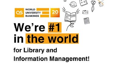 Logo of the QS World University Rankings with the text "we're number 1 in the world for library and information management"