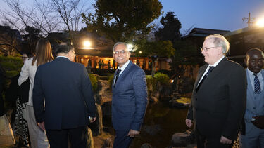 Delegates walking together through a traditional Japanese garden
