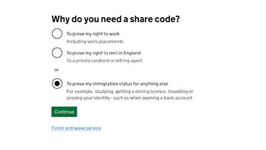 Screenshot of gov.uk web page - why do you need a share code?