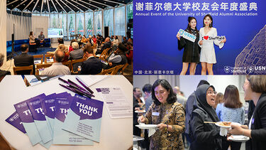 A collage of images from alumni events in USA, China, and Malaysia