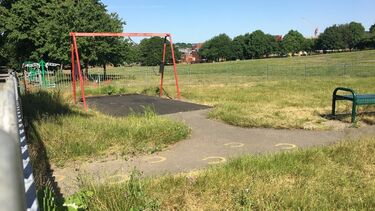 A playground with swings and overgrown grass