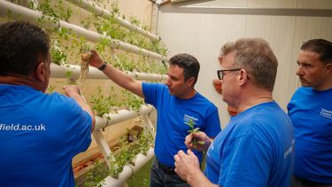 Four Grantham Centre academics looking at a hydroponic system in the Zaatari refugee camp