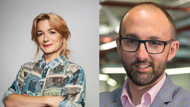 A composite image of Lucie Cave, arms folded in a patterned shirt, and Jason Spencer, wearing a suit and glasses