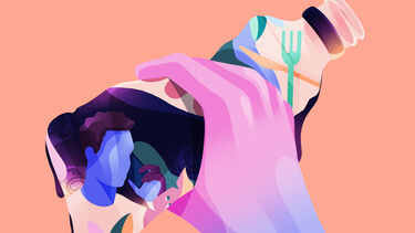 an illustration showing a hand holding a plastic bottle