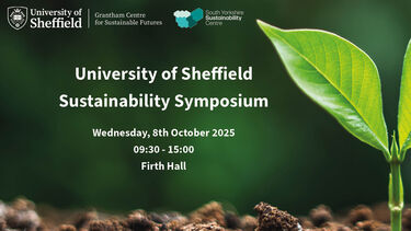Poster promoting the University of Sheffield Sustainability Symposium 2025 event. Wednesday, 8th October - 9:30am - 3pm at Firth Hall