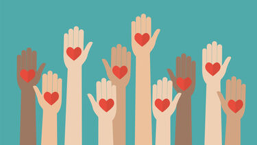 Cartoon hands are raised with red hearts in the palms.