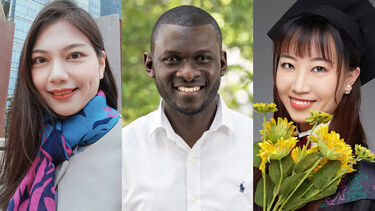 A composite image of three international alumni volunteers - Shelly Tien, Bashir Mohammed, and Mingyue Zhao